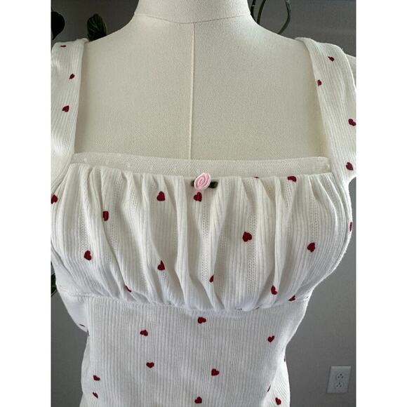 White Ribbed Heart Print Tank Top Sz S Y2K Cottagecore Coquette Soft Girl - Picture 3 of 6
